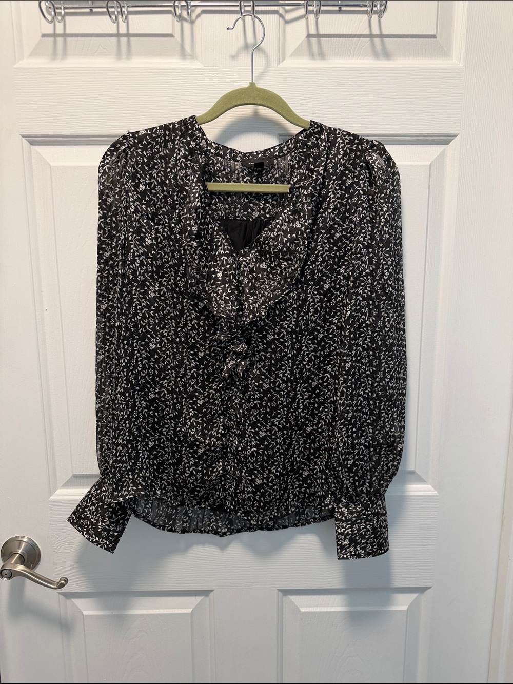 Black Floral Tie-Neck Long Sleeve Blouse